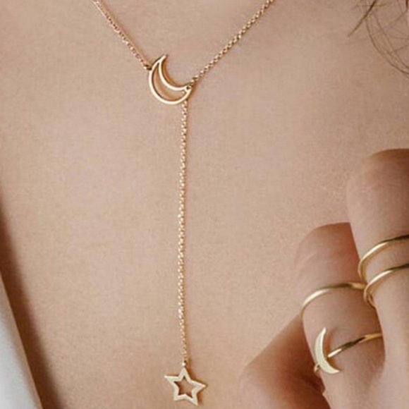 Gold Star & Moon Y-Neck Lariat Necklace - Picture 1 of 4